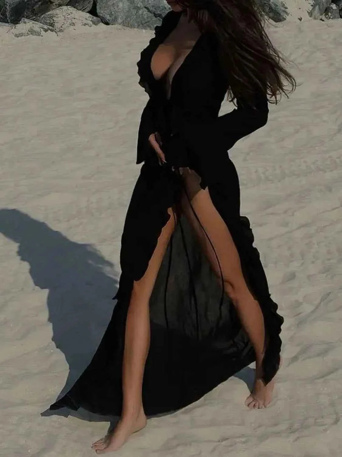 Aiertu  Ruffled Long Sleeve Cover-Up Dress Aiertu