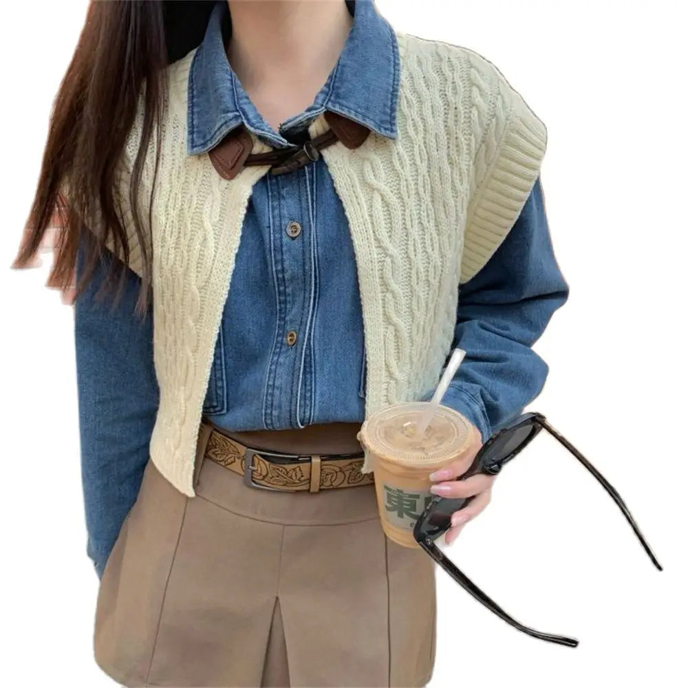 Aiertu  -  High Street Vintage Denim Shirts With Knitted Cardigans Vest Spring 2026 Loose Chic New Slim Casual Daily Office Lady Aiertu