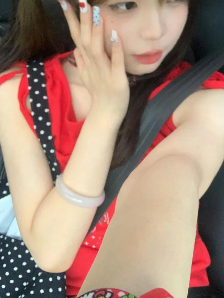 Aiertu  -  Summer Diamond Printing Streetwear Tank Top Women Y2k Aesthetic Sleeveless Harajuku Bandage Tanks Red Sexy Casual Grunge Tees Aiertu