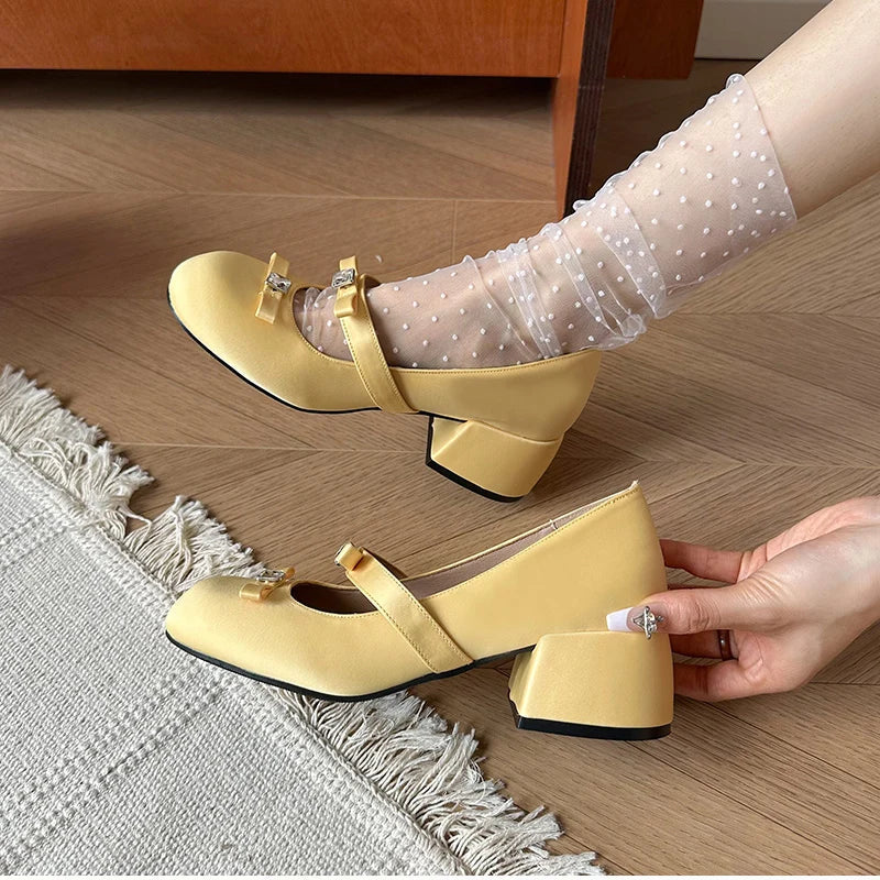 Aiertu  -   Thick Heel Women's Mary Jane Shoes Fashion Butterfly-knot Slip On Shoes Spring Autumn Party Candy Color Shoes Aiertu