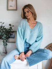 Aiertu  -  Fashion Blue V Neck Long Sleeve Sweater For Women Elegant Soft Warm Knitted Pullover 2026 Chic Lady Commuting Streetwear Aiertu