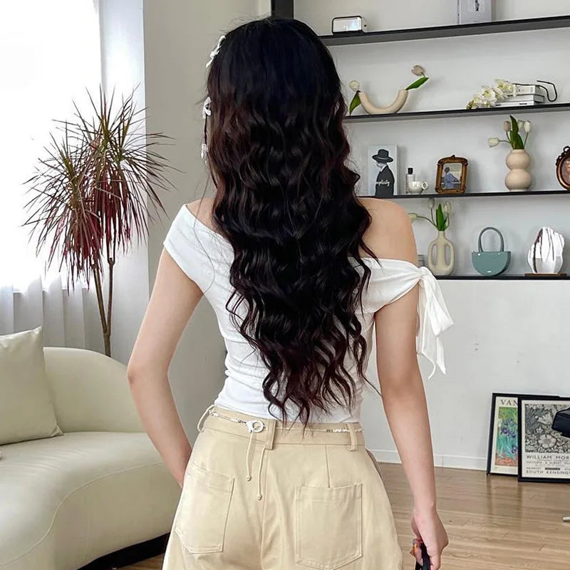Aiertu  -  2000S New Fashion Folds Bow Solid Color Short Sleeve Sheath T-shirt 2025 Spring Women's Casual Style Slim Fit Lace-up Tees Top Aiertu