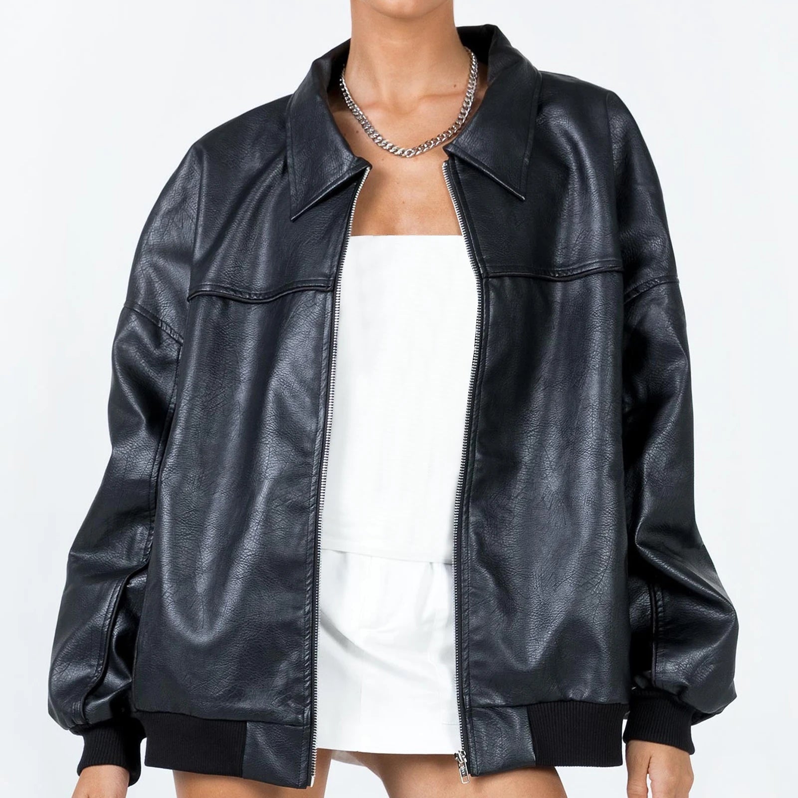 Aiertu  -  Women Y2k Oversized Faux Leather Jackets Lapel Collar Zip Up Motorcycle Coats Fall Fashion Leather Bomber Jacket Aiertu