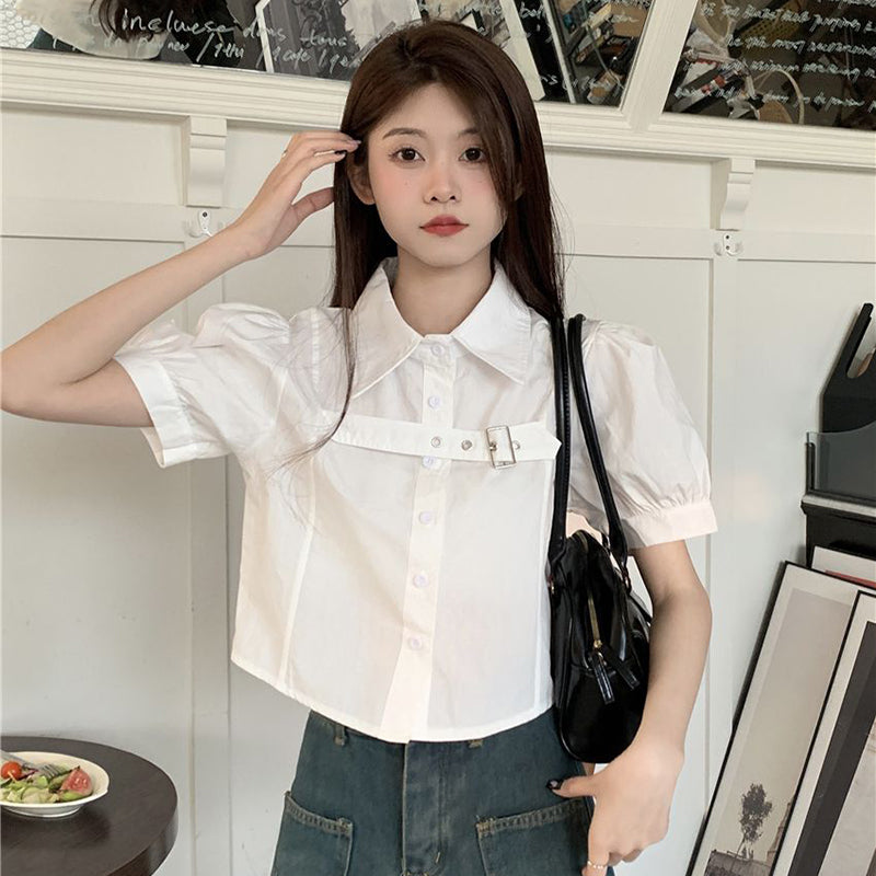 Aiertu Y2K Puff Short Sleeve Blouse Women Asymmetrical Belt Chic Slim Shirts Student Summer Korean Irregular White Crop Tops New Aiertu