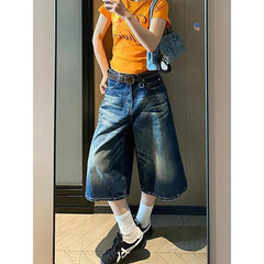 Aiertu  Vintage Y2K Wash Whiskers Denim Shorts Women High Waist Distressed Frayed Wide Leg Baggy Jeans Jorts Casual Summer Clothes Aiertu