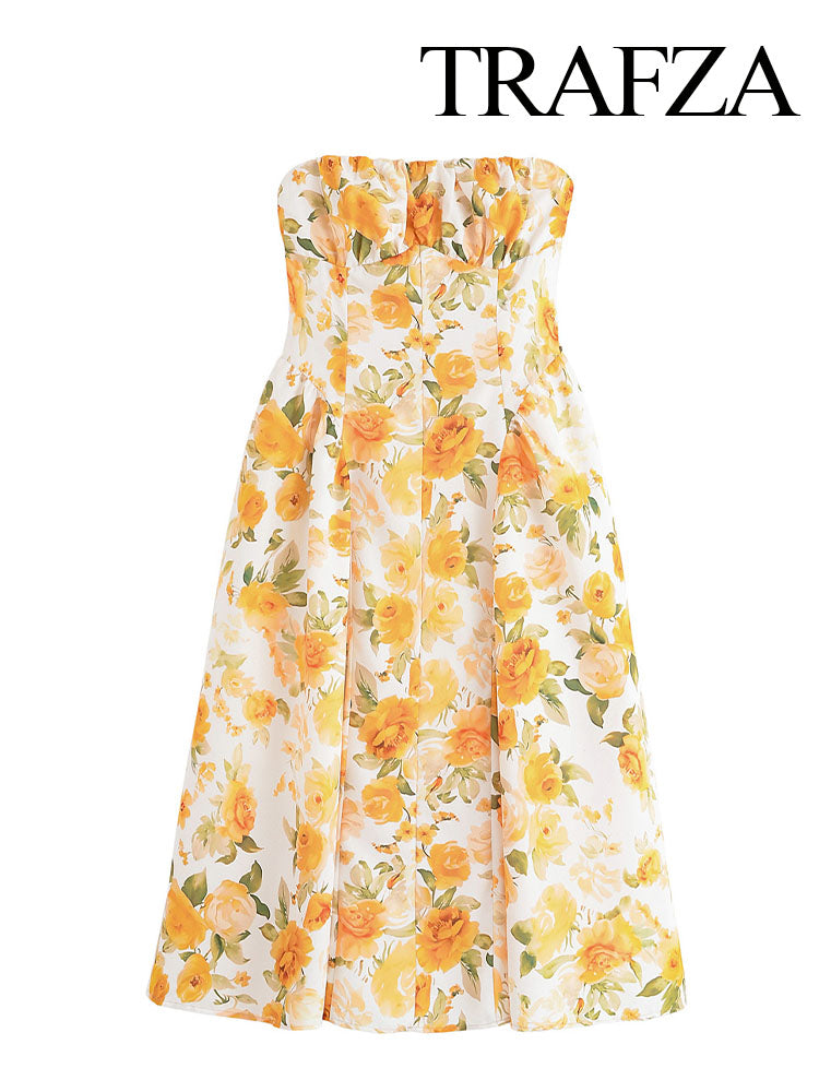 Aiertu  Women New Fashion Temperament Simple Slim Strap-Breast Yellow Rose Printed Dress Female Elegant Sexy Backless Long Dress Aiertu