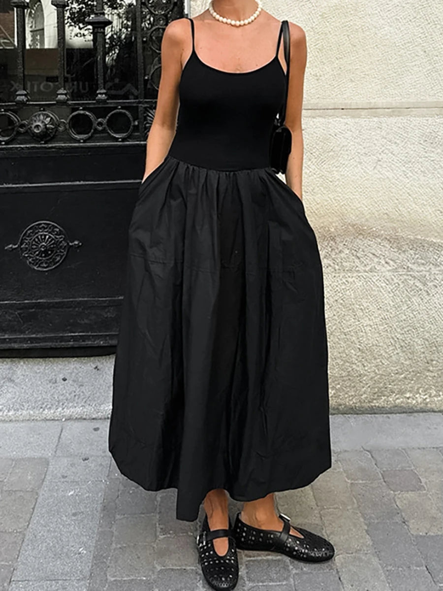 Aiertu  -  Black Elegant Suspender Long Dress Women Summer U Collar Sleeveless A-line Vestidos Vintage Fashion Simple Backless Midi Dresses Aiertu