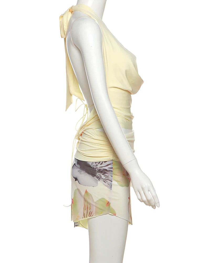 Aiertu  -  Temperament 2-Piece Set Women Halter Backless Swing Collar Tops+Wear Both Front And Back Patchwork Skirts Matching Suits Aiertu