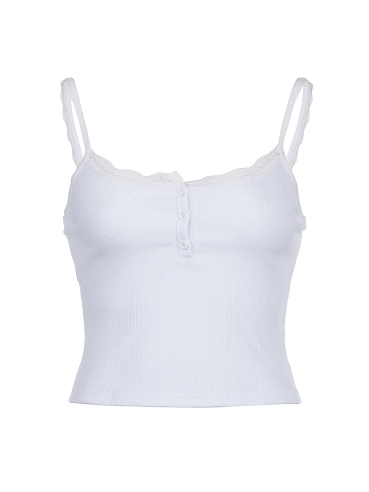 Aiertu - summer inspo Button Up Lace Square Collar Slim White Camisole Women Y2K Basic Casual Cute Crop Top Aiertu