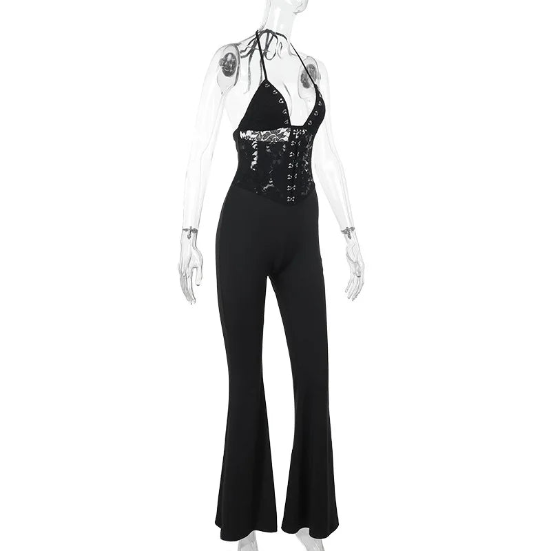 Aiertu  -  Women's Summer Full Length Flare Pants Jumpsuits 2025 Elegant Halter Backless Lace Patchwork Black Overalls Female High Street Aiertu
