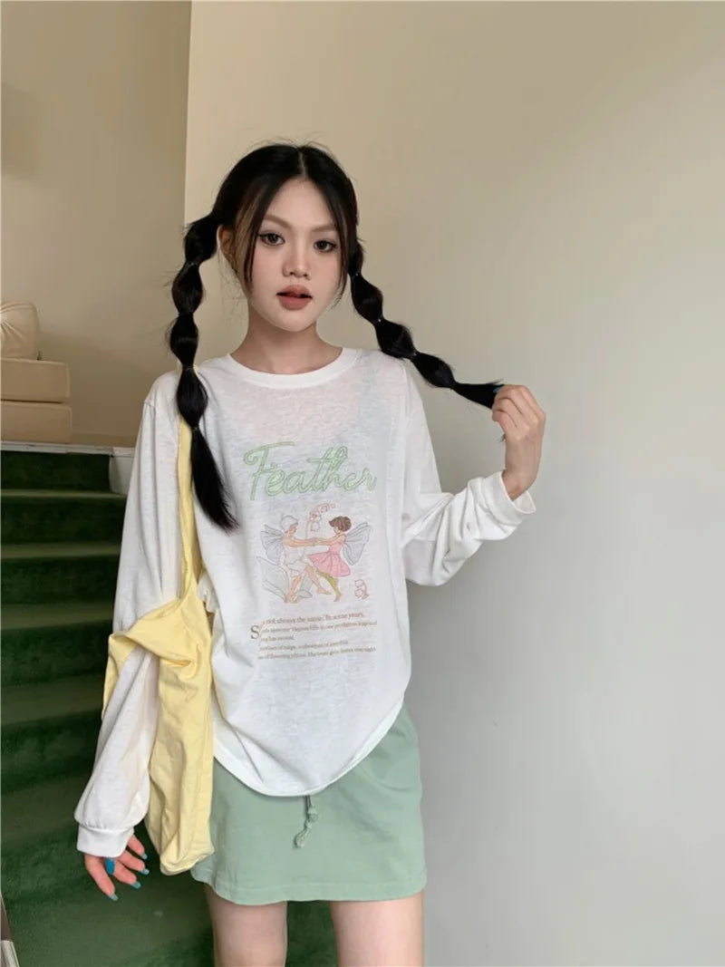 Aiertu  -  Sweet Girl Cartoon O-neck Long-sleeved T-shirt Women's Spring and Summer Cute Casual Loose Top Fashion Female Clothes Aiertu