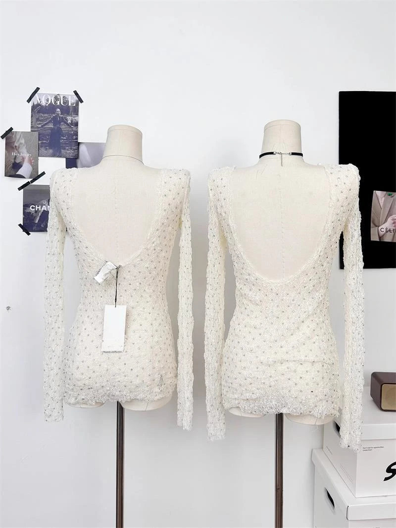Aiertu  -  Y2k Aesthetic Sexy U Neck Backless Women Shirt 2025 White Diamond Streetwear Vintage Blouse Harajuku Fairy Bodycon Grunge Blusas Aiertu