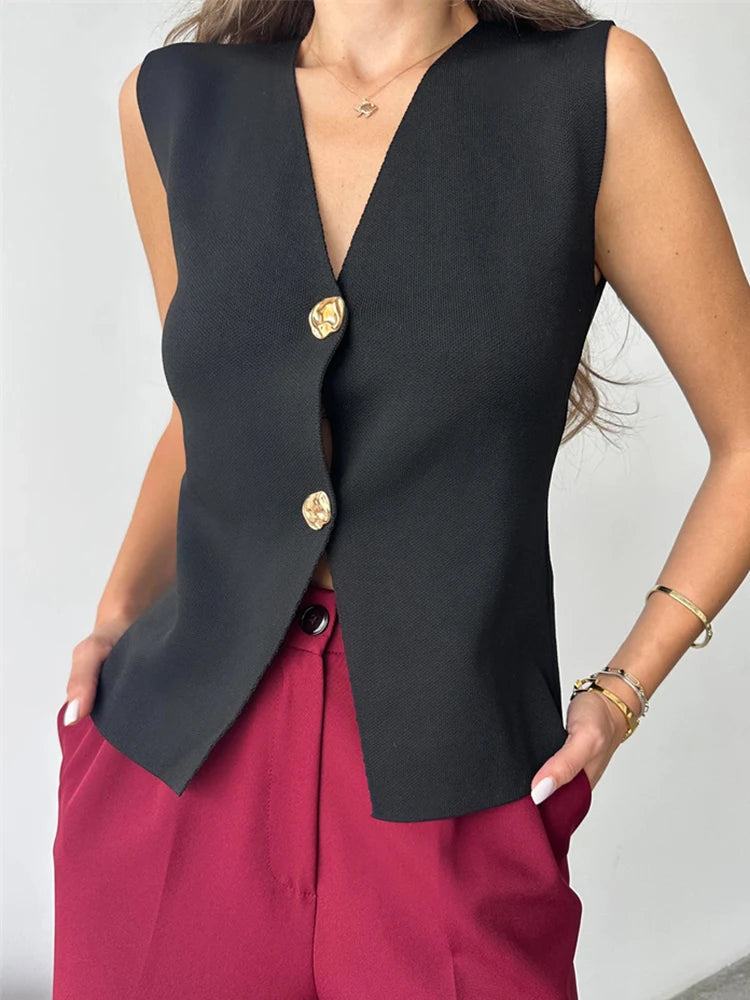 Aiertu  -  V Neck Button Knit Vest For Women 2025 Sleeveless Casual Street Solid Cardigan Tank Top Femme Vintage Basic Vest Female Aiertu