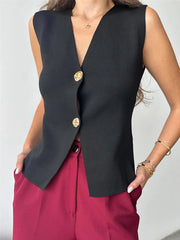 Aiertu  -  V Neck Button Knit Vest For Women 2025 Sleeveless Casual Street Solid Cardigan Tank Top Femme Vintage Basic Vest Female Aiertu