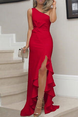 Aiertu  -  Elegant Solid Flounce Slit One Shoulder Evening Dress Dresses(8 Colors) Aiertu