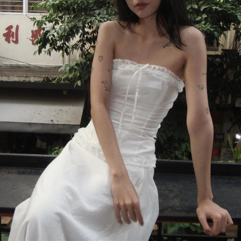 Aiertu  Elegant Strapless Lace Ruffles Off Shoulder Tank Top With White Long Skirt Aesthetic Gentle Slim Women 2 Piece Set Aiertu