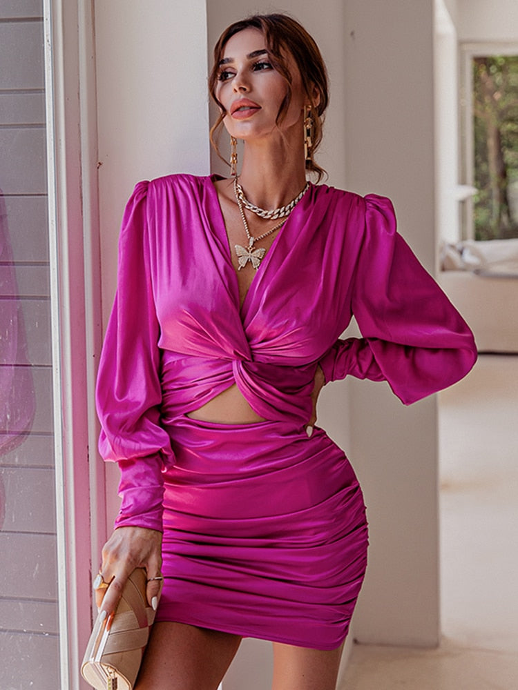 Aiertu  Sexy deep v neck bodycon dress Party club hollow out mini dress Elegant winter autumn chic lantern sleeve satin dress Aiertu