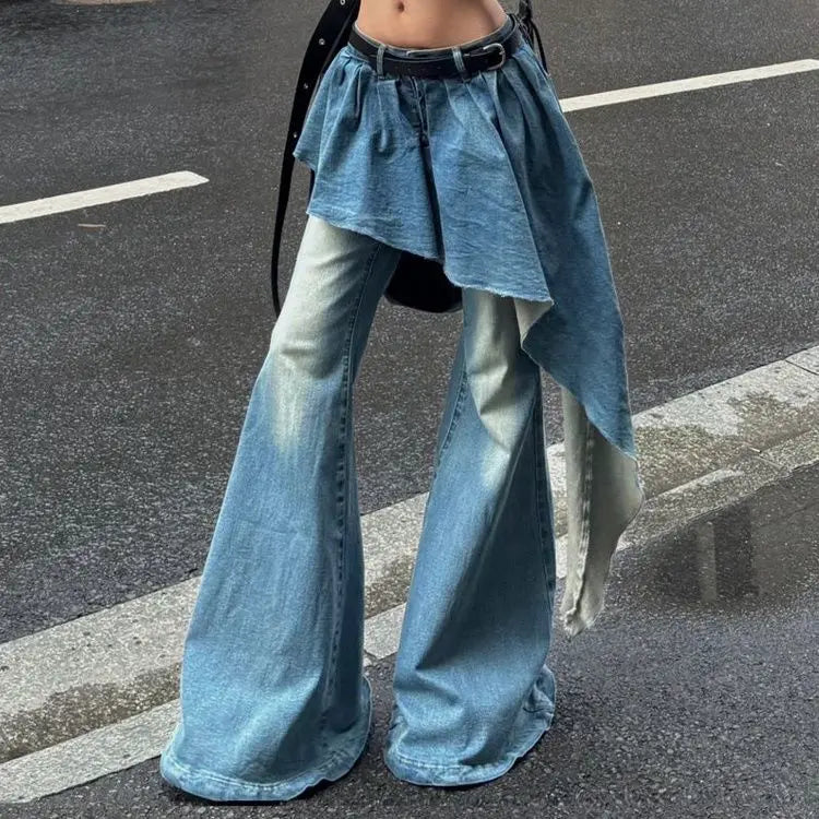 Aiertu  -  Y2K European and American Retro Washed Design Splicing Fake Two-piece Blue Jeans Women's Popular Loose Sexy Bell-bottom Pants Aiertu