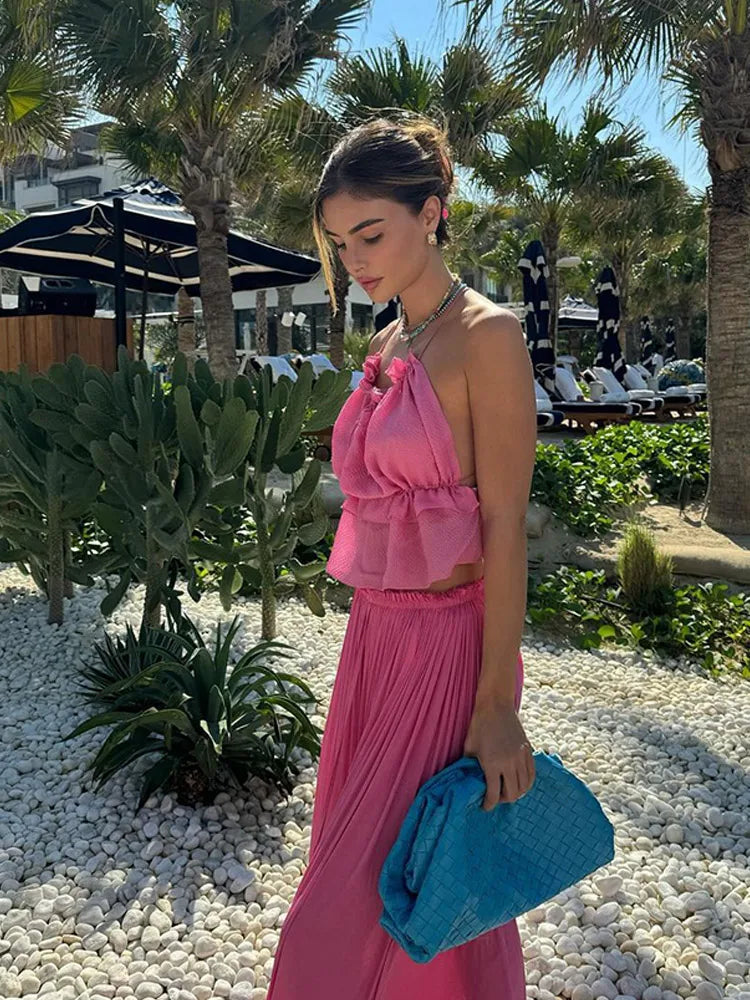 Aiertu  -  Sexy Backless Lace Up Crop Top Beach Skirt Set Burgundy Open Back Sling Top Pleated Fold Skirts Summer New 2 Piece Outfit Women Aiertu