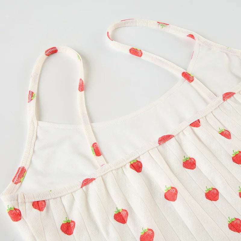 Aiertu  -  Strawberry Print Eyelet Two-piece Set Women Summer Sleeveless Slim Camis+Drawstring Pants Sets Home Cozy Sweet Casual Pajamas Aiertu