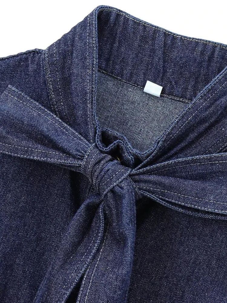 Aiertu  Women Fashion Denim Blue Single Breasted Jackets Shirts Vintage Bow Neck Long Sleeves Female Chic Lady Outfits Aiertu