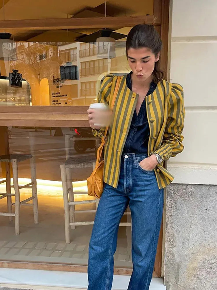 Aiertu  -  Elegant Striped Puff Sleeve Coat For Women Single Breasted O-neck Female Shirt Jacket 2026 Spring Fashion Office Lady Streetwear Aiertu