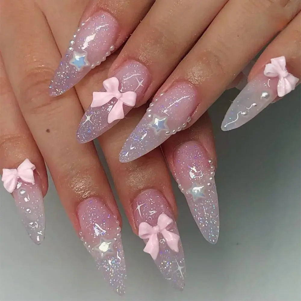 Aiertu  -  Manicure Long Almond False Nails Elegant 3D Butterfly Love Heart Press on Nails Star Detachable Nail Tips Women Aiertu