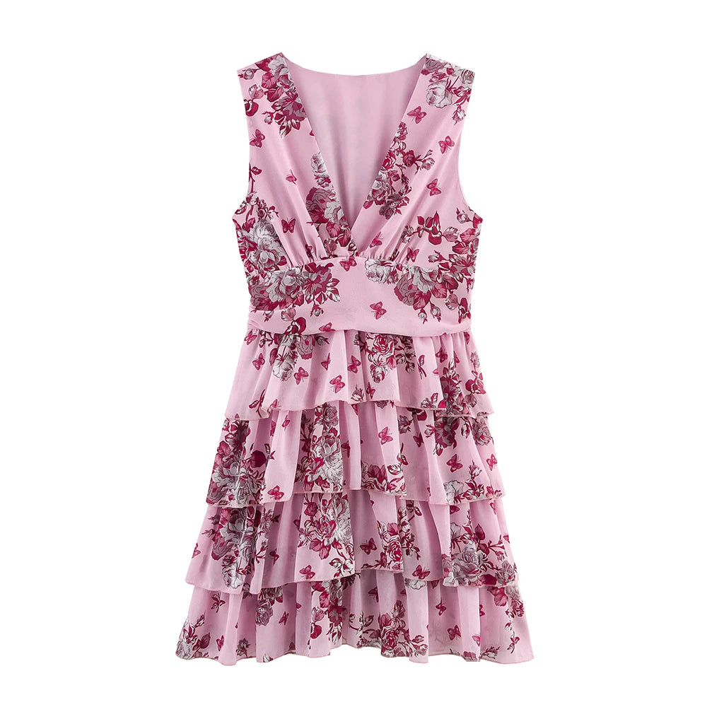 Aiertu  -  Pink White Deep Blue Three Color V Neck Sleeveless Floral Print Stacked Skirt Edge Design Women Short Dress ZATT 2025 Summer New Aiertu