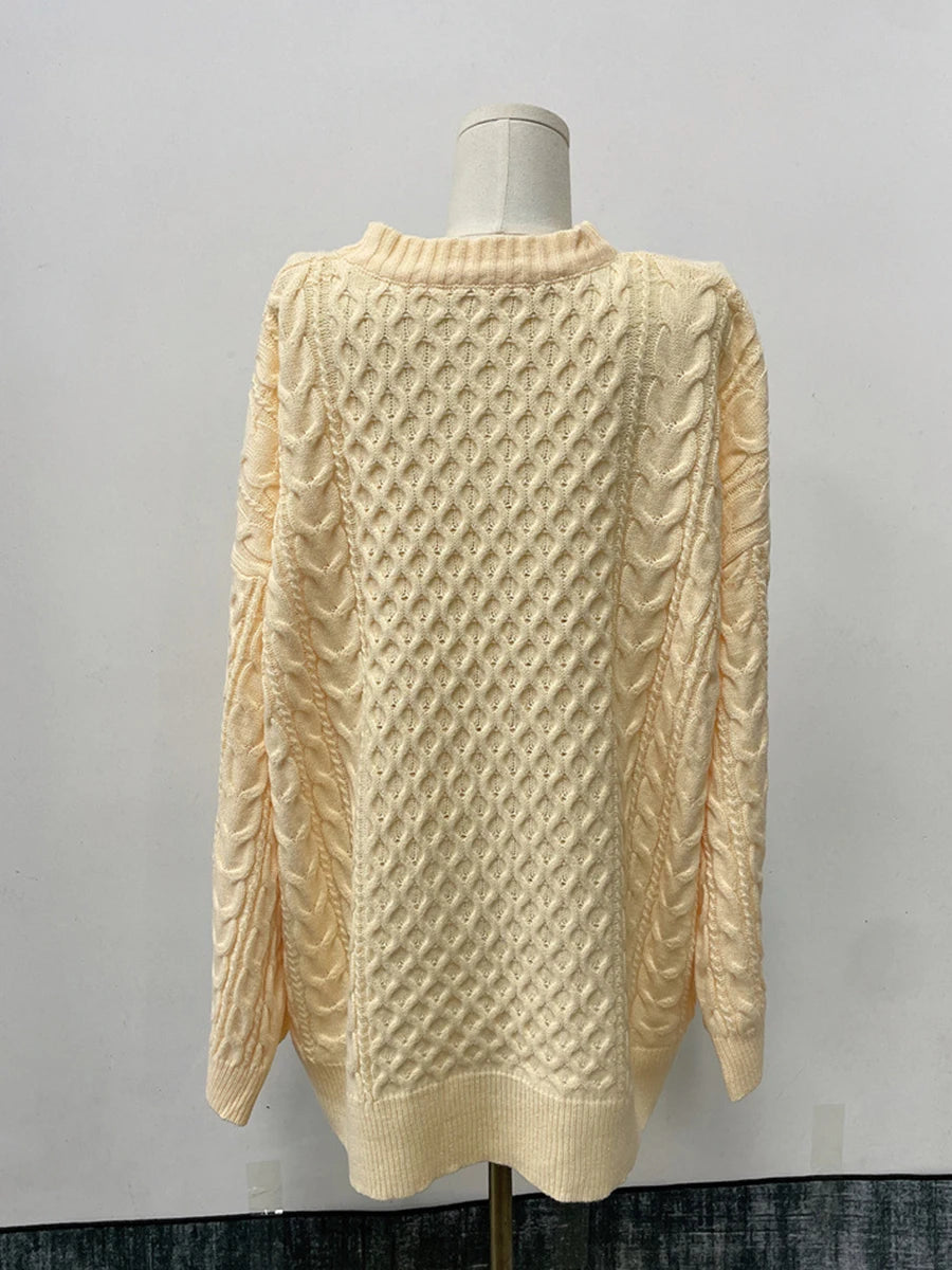 Aiertu  -   Twisted Flower Loose Sweater Women Winter New Round Neck Long Sleeve Oversized Jumper Female Simple Casual Knitted Pullover Tops Aiertu