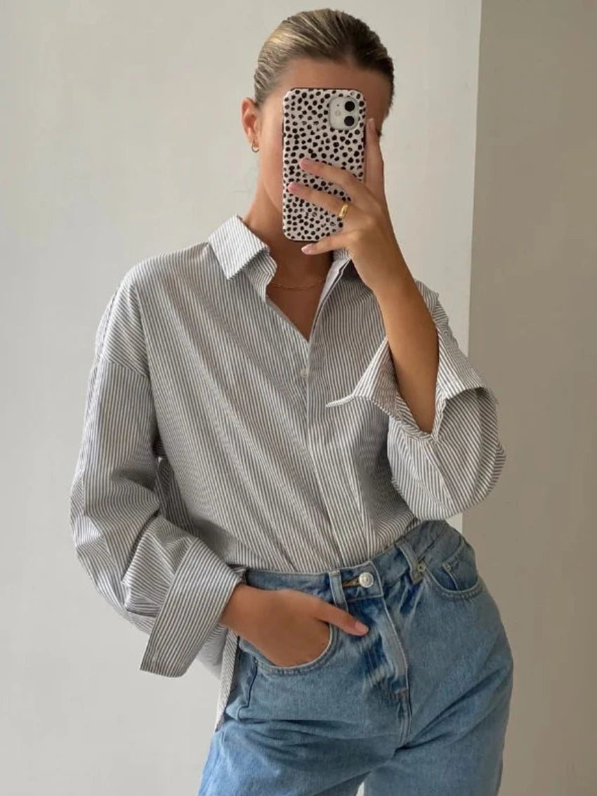 Aiertu  -  Chic Striped Women Shirt Loose 100% Cotton Shirts Tops Ladies Casual Lapel Oversized Lace Up Blouse Women Tops Blouse Aiertu