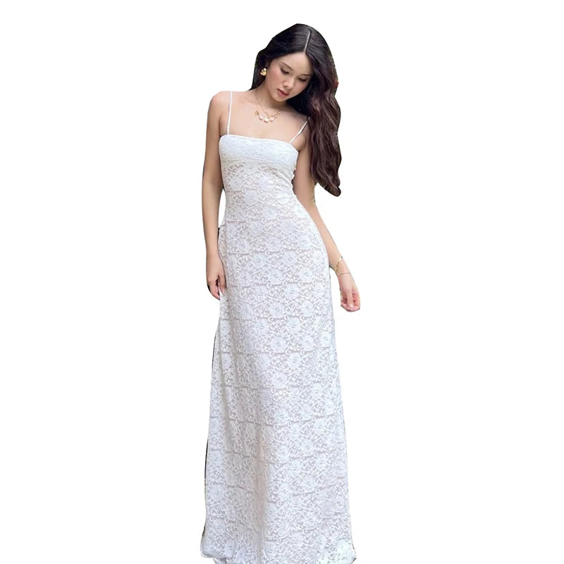 Aiertu  -  Elegant See Through Dress Women Backless Sleeveless Cross Lace-Up Spaghetti Strap Sexy Flower Motif Midnight Vestidos Aiertu
