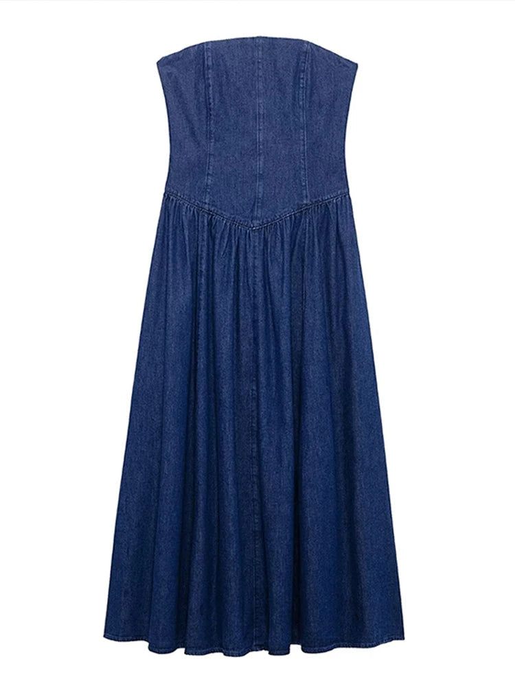 Aiertu  -  Strapless Denim Long Dress Sexy Backless Waist Cinched Cowboy Pleated Dresses Off Shoulder Street Trends Robes Women's Clothing Aiertu