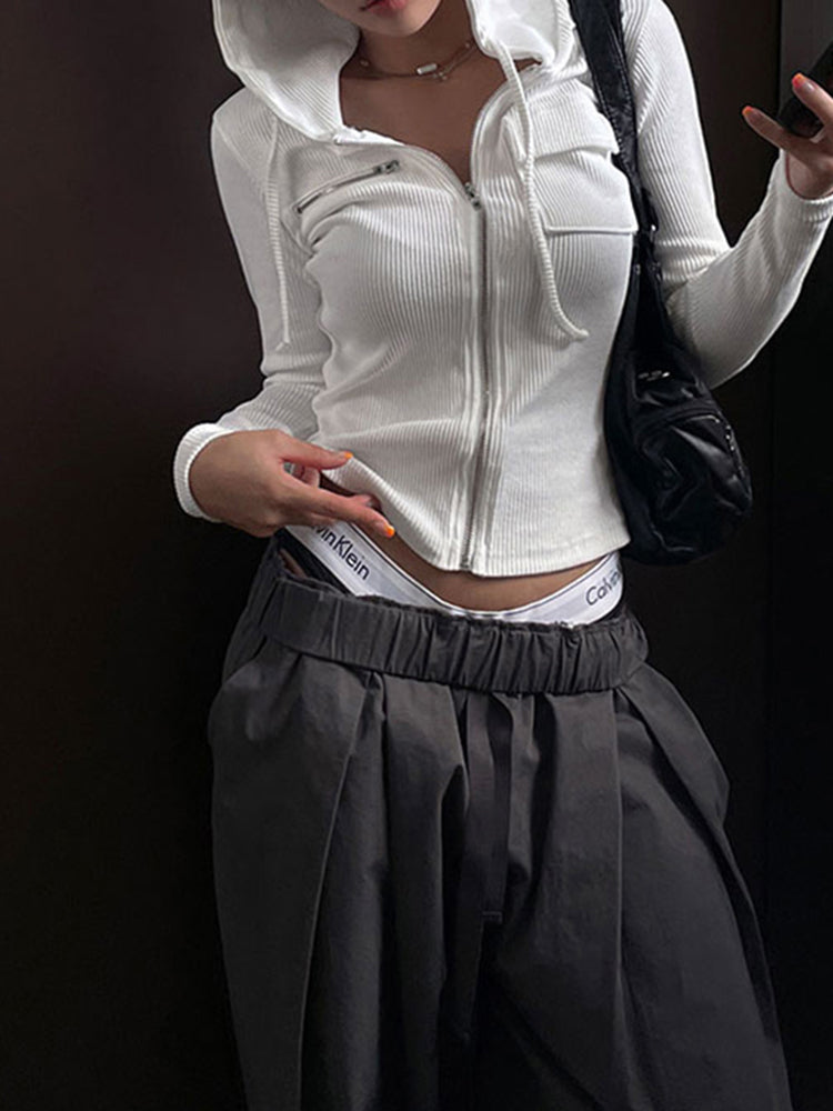 Aiertu - summer inspo Solid Basic Casual Zipper Pocket Slim Long Sleeve Hooded Jackets Women Spring Autumn Aiertu