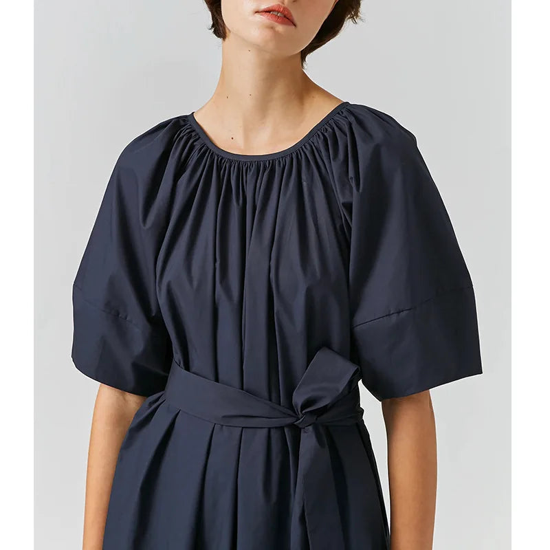 Aiertu  -  Elegant Style 100% Cotton Midi Dress with Belt  Loose Waist Pleated Soild Elastic O-Neck Summer Dresses A-Line Lace-up Lady Robe Aiertu