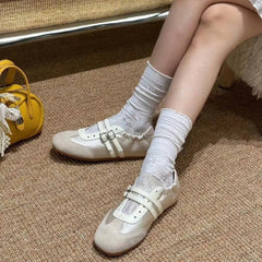 Aiertu  -  Silver Ballet Flats Women's Soft Leather Sport Mary Jane Ribbon Embellished Adult 1 Slip-on Casual Shoes Aiertu