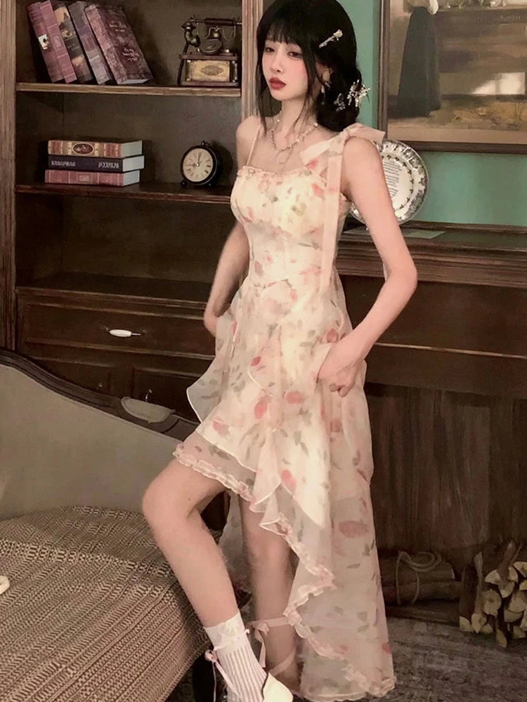 Aiertu  -  French Elegant Fairy Print Dress Women Casual Even Party Irregular Sleeveless Midi Dress Female Vintage Y2k Floral Summer Aiertu