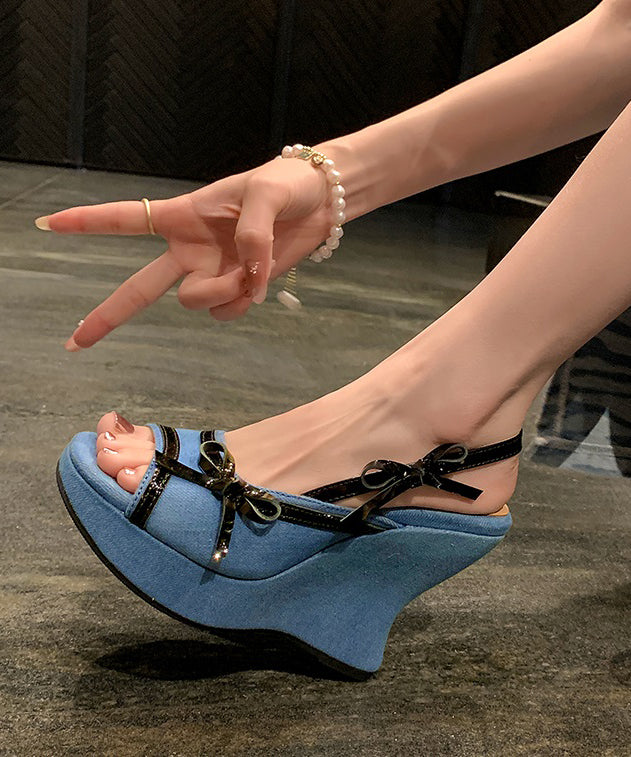 Aiertu  Stylish Bow Splicing Wedge Sandals Blue Denim Fabric Aiertu