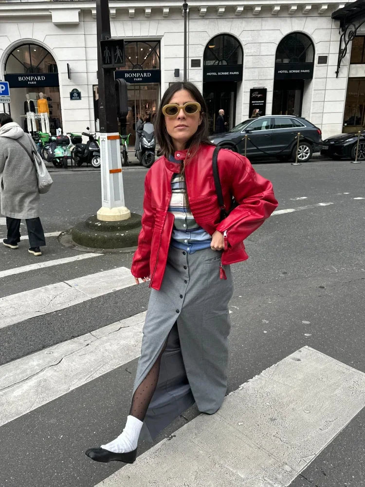 Aiertu  -  Autumn Winter Red Leather Zipper Short Jacket Women's Casual Long Sleeves Loose Coats 2026 New Ladies High Street Outerwear Aiertu