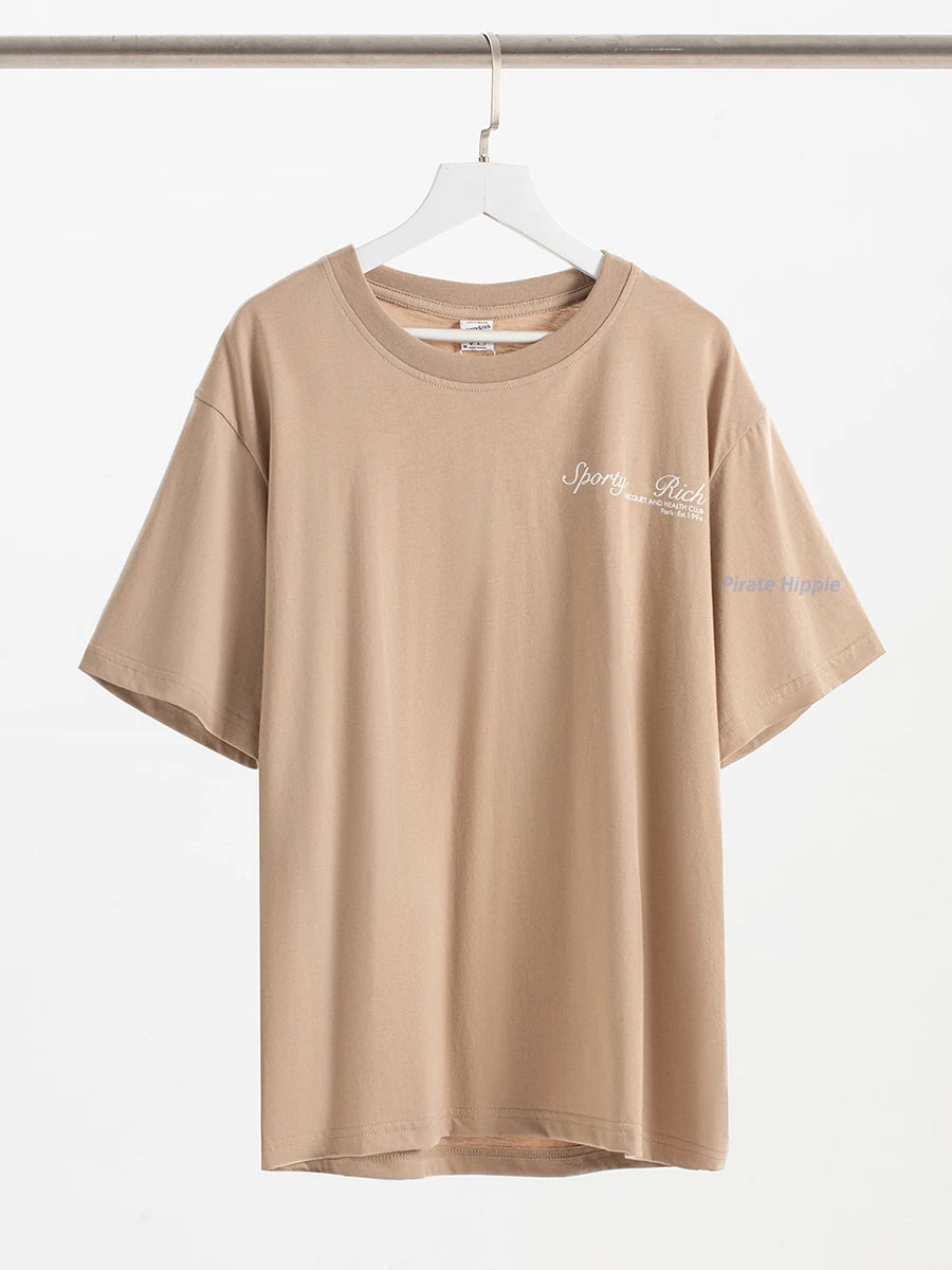 Aiertu  -   Sporty Letter Print T-shirt Women Round Neck Cotton Cozy Casual Short Sleeve Tees 2026 Summer New Classic Fashion T-shirts Aiertu