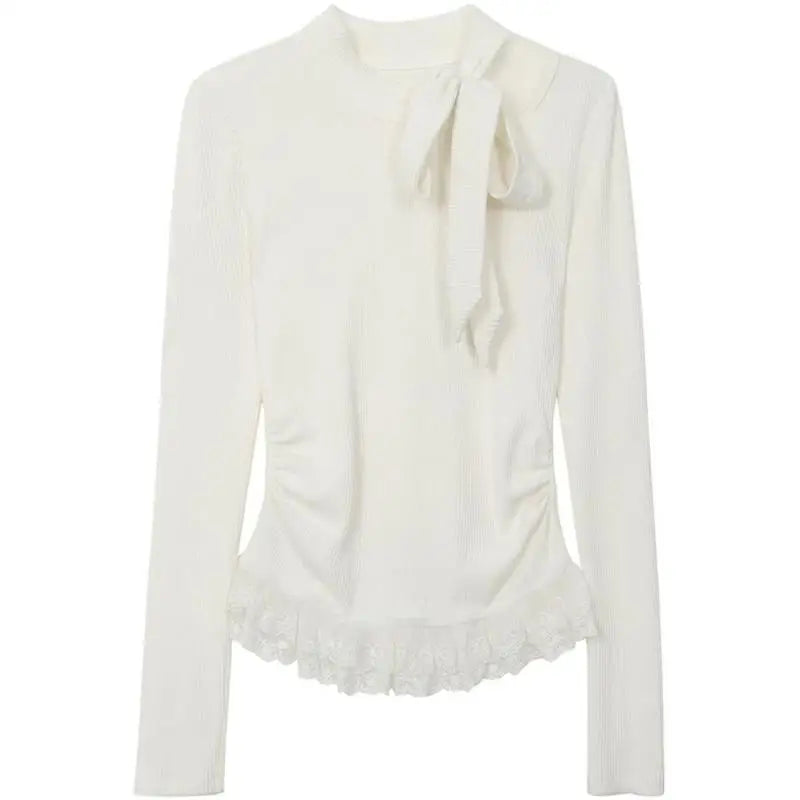 Aiertu       -  Fairycore T-shirt Woman Long Sleeve Lace Up Bow Tees Female Clothing 2000s Clothes Y2k Solid Autumn Tops Casual T Shirt Aiertu