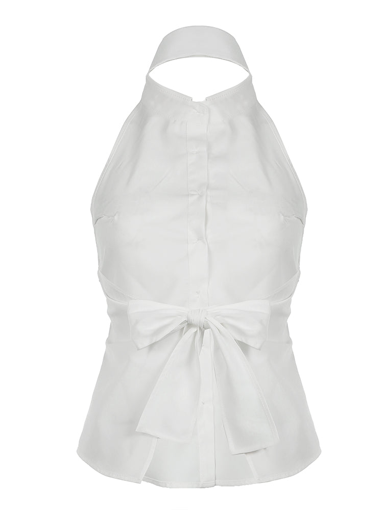 Aiertu - summer inspo Hot Sleeveless Backless Tie Bow Shirts For Women Single Breasted Turn Down V Neck Sexy Halter Tops Solid Summer Vacation Aiertu