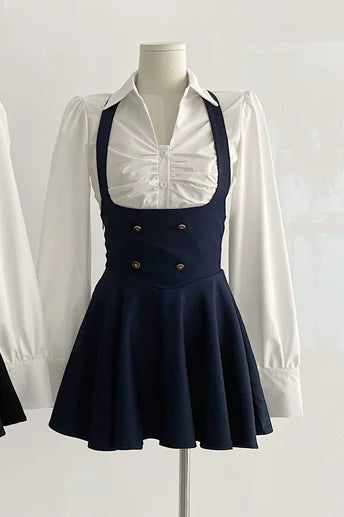 Aiertu 2025 spring fashion trend Korean Women Cropped Coat Long Sleeve Shirt High Waist Halter Ruffles Mini Dress Chic Fashion Sexy Outfits Y2K 3 Piece Set  New Aiertu