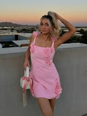 Aiertu  -  Women Sexy Pink 3d Flower Sling Mini Dress Fashion High Waist Sleeveless Bodycon Dress 2026 Summer Vacation Beach Party Dresses Aiertu