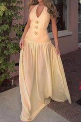 Aiertu  Metallic Decor Tie Front Halter Neck V-Neck Maxi Dress aiertu