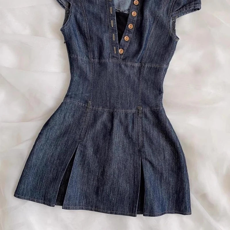 Aiertu  -  Spicy Girl Retro Denim Dress 2025 Summer Y2k Short Sleeve Button Streetwear Fashion Slim Fit Short Dresses Women's Mini Skirt Aiertu