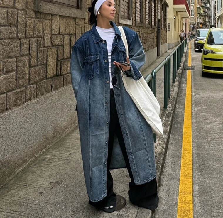 Aiertu  -  Street Style Gradient Long Denim Jacket Women Shoulder Pads Long Sleeves Lapel Button Down Oversize Coat Retro Clothes Aiertu
