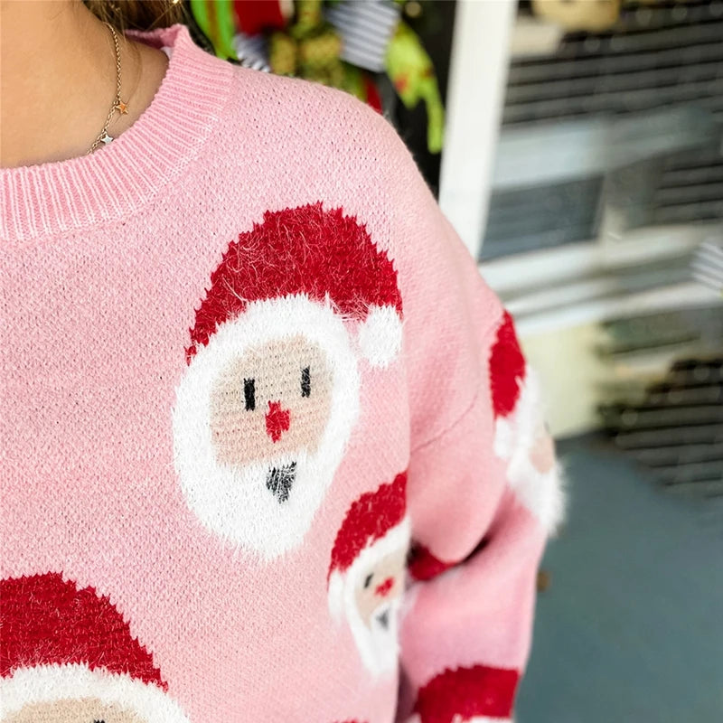 Aiertu  -  Cute Santa Claus Knitted Sweater Women Long Sleeve Crew Neck Pink Pullover Christmas Festival Rave Loose Fit Knitwear Jumpers Aiertu