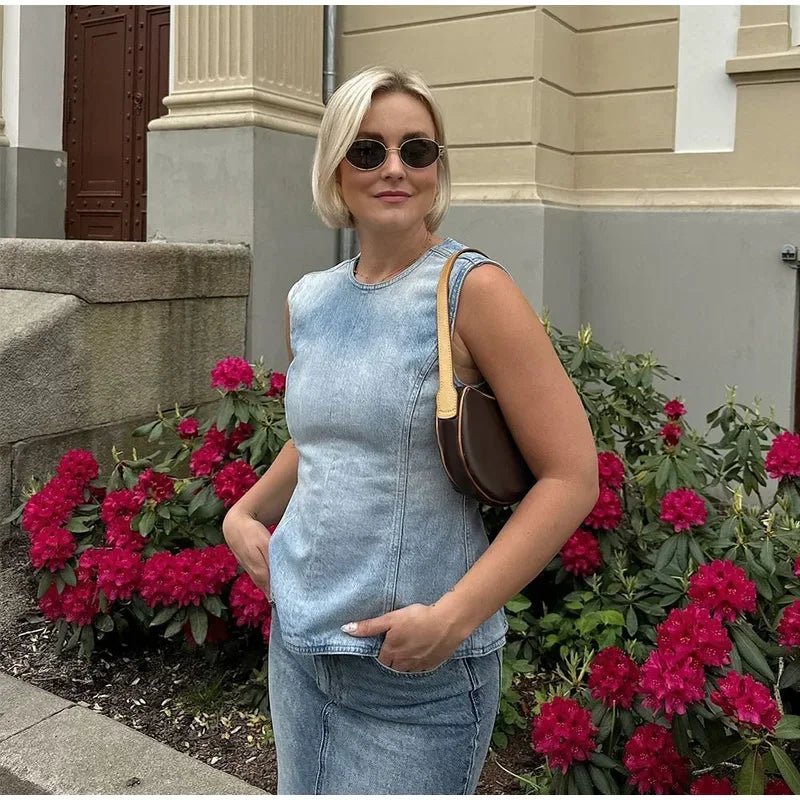 Aiertu  -  Sexy Denim Backless Lace Up Vest Women Slim O-neck Sleeveless Spliced Female Waistcoat Summer Lady Chic Casual Streetwear Aiertu