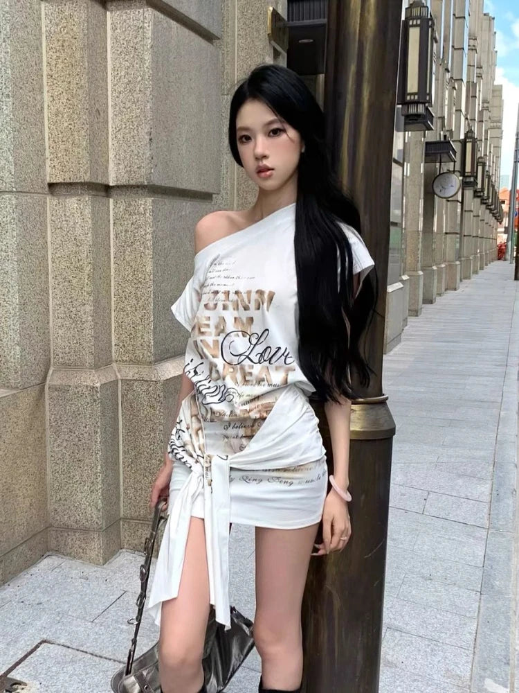 Aiertu  -  Summer Sexy Harajuku Off The Shoulder Mid-length T Shirts American Subcultural Print Slim Dresses Y2k Spliced Lace Up Girl Dress Aiertu