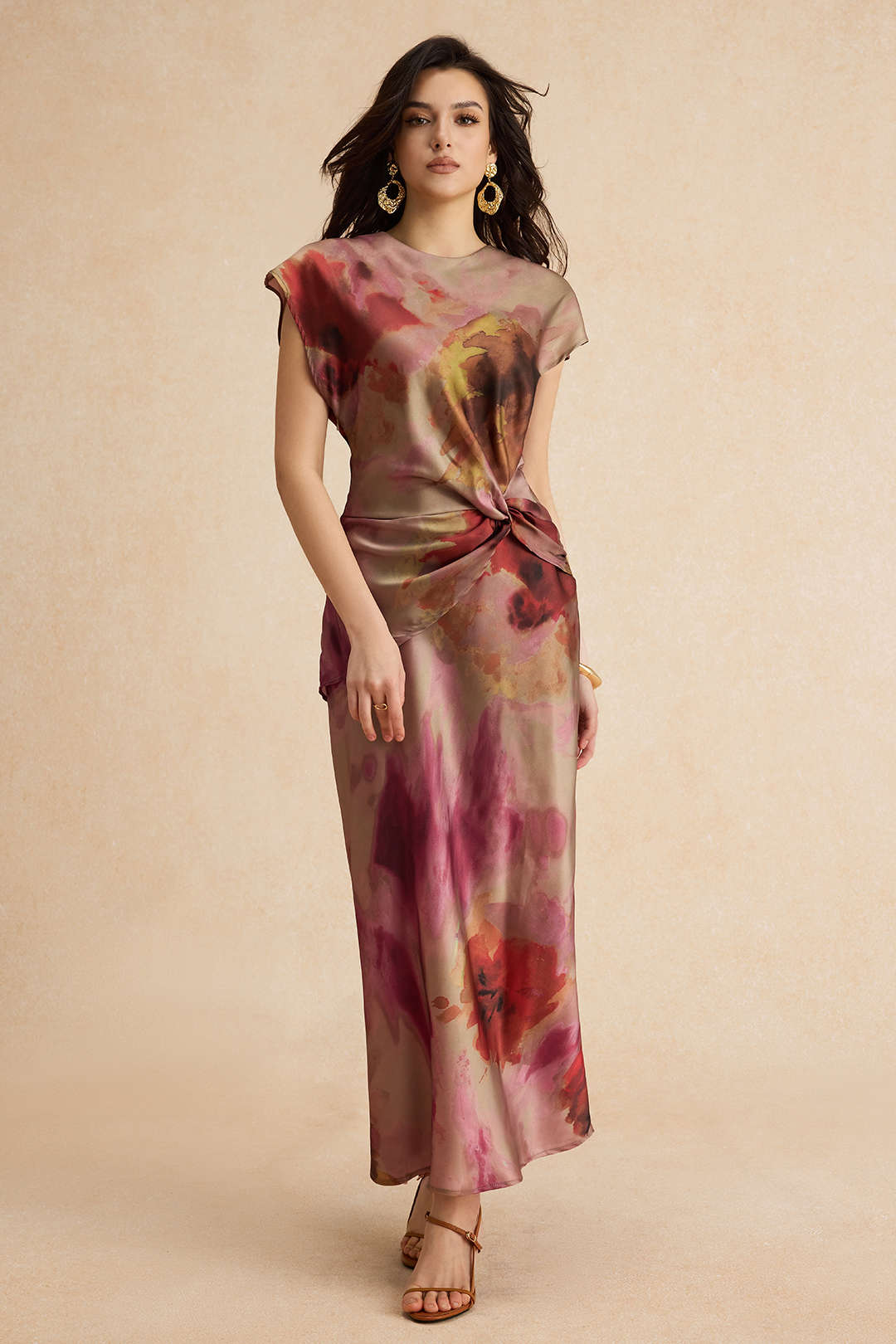 Aiertu  Tie Dye Ruched Cut Out Button Twist Knot Midi Dress Aiertu